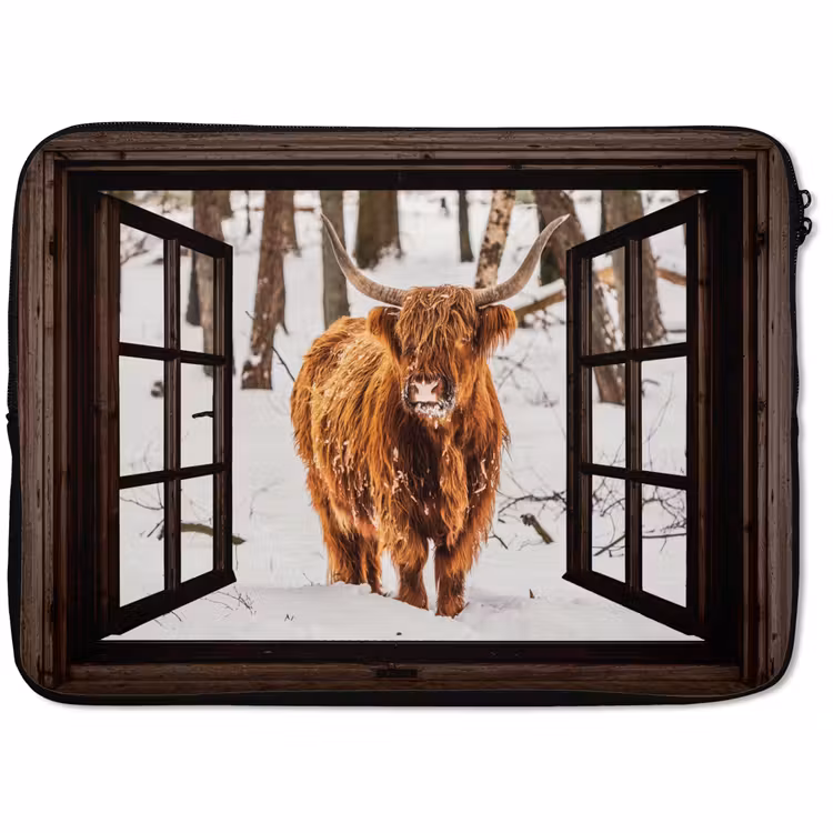 Laptophoes Schotse Hooglander - Sneeuw - Natuur - Dieren - Doorkijk - Winter — 1