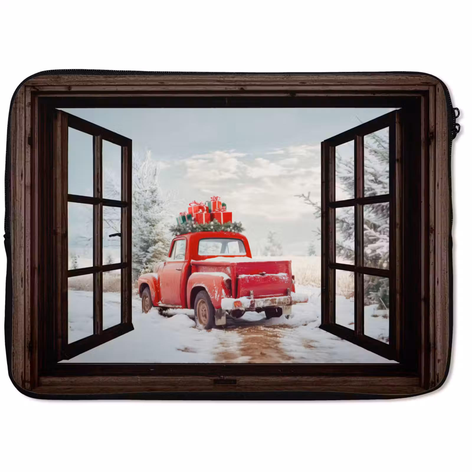 Laptophoes Doorkijk - Auto - Rood - Cadeaus - Winterlandschap - Kerst — 1