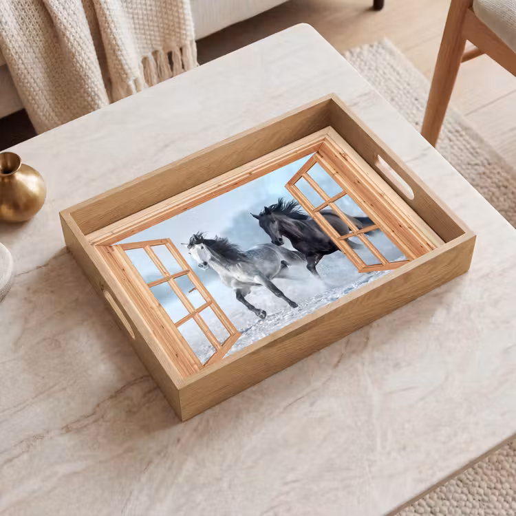 Dienblad - Doorkijk - Paarden - Winter - Dieren - Natuur - Hout — 2