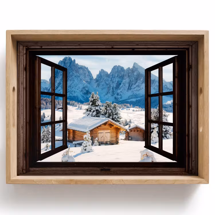 Dienblad - Doorkijk - Winter - Landschap - Huisje - Bergen — 1