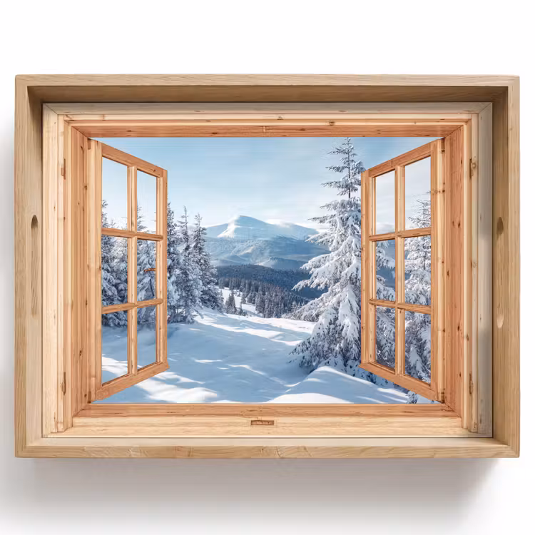 Dienblad - Doorkijk - Winterlandschap - Natuur - Berg - Bomen - Hout — 1