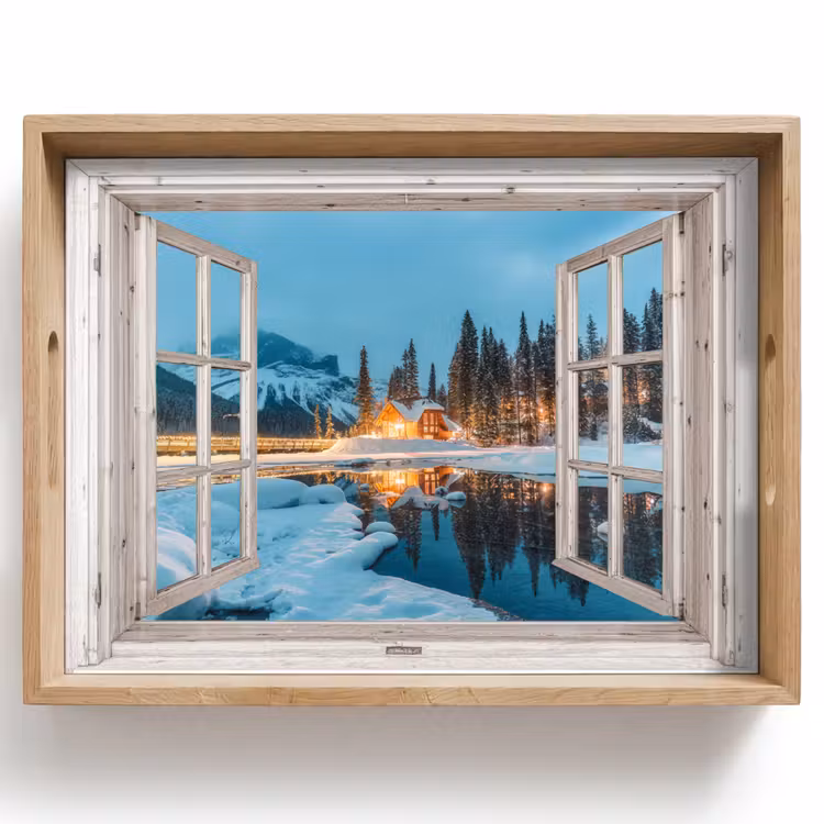 Dienblad - Doorkijk - Winterlandschap - Natuur - Huis - Bergen — 1
