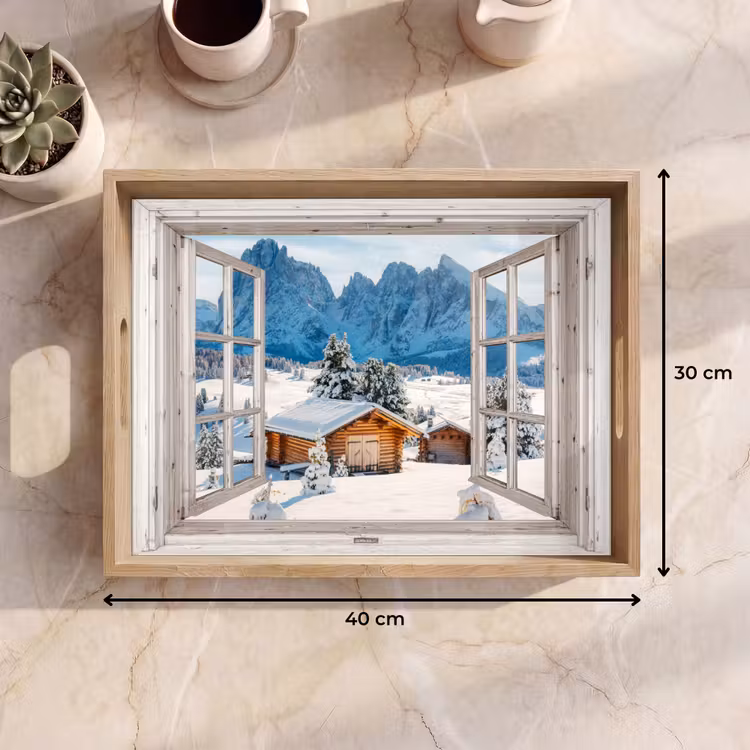Dienblad - Winterlandschap - Huisje - Bergen - Uitzicht - Doorkijk - Natuur — 9