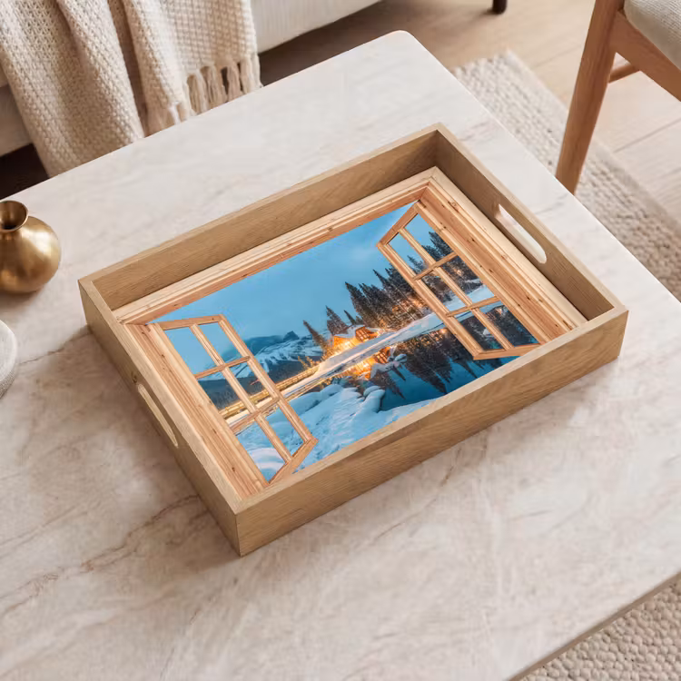 Dienblad - Winterlandschap - Natuur - Huis - Bergen - Doorkijk - Raam — 2