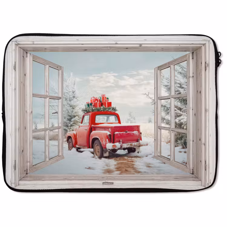 Laptophoes Auto - Rood - Cadeaus - Winter - Kerst - Doorkijk - Wit — 1