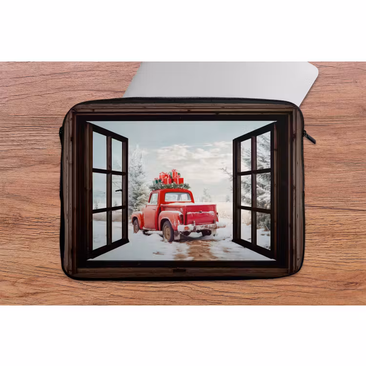 Laptophoes Doorkijk - Auto - Rood - Cadeaus - Winterlandschap - Kerst — 2