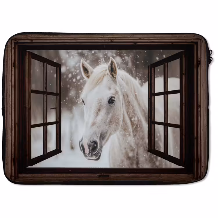 Laptophoes Doorkijk - Paard - Wit - Winterlandschap - Sneeuw — 1