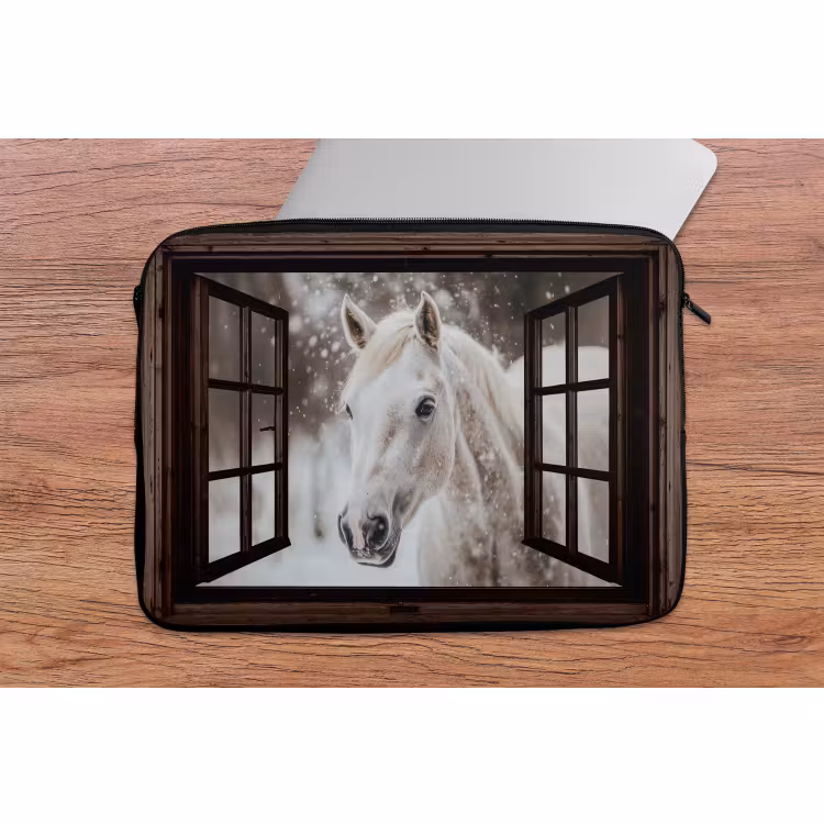 Laptophoes Doorkijk - Paard - Wit - Winterlandschap - Sneeuw — 2