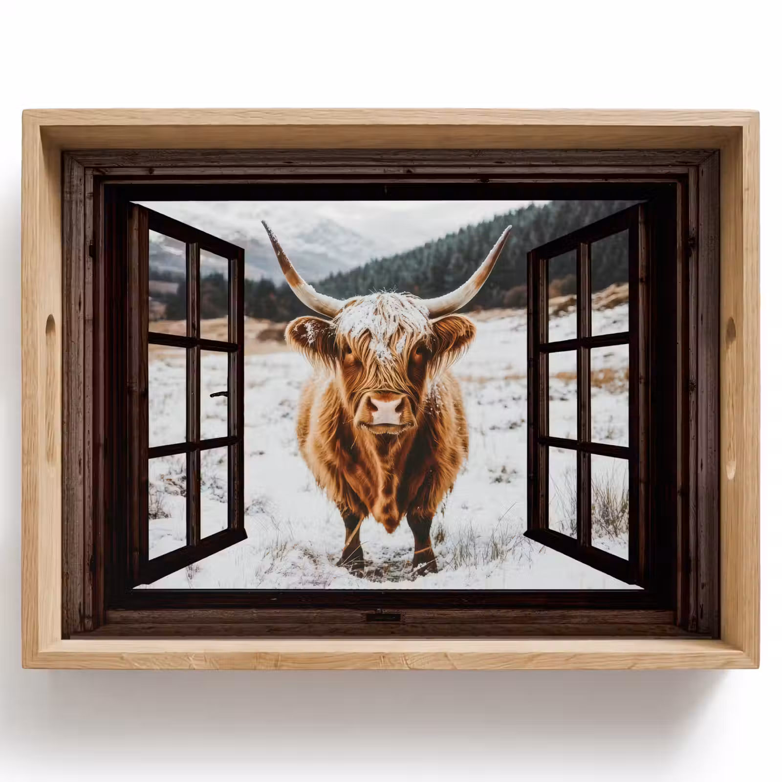 Dienblad - Schotse Hooglander - Landschap - Landelijk - Bergen - Winter - Doorkijk - Donker — 1