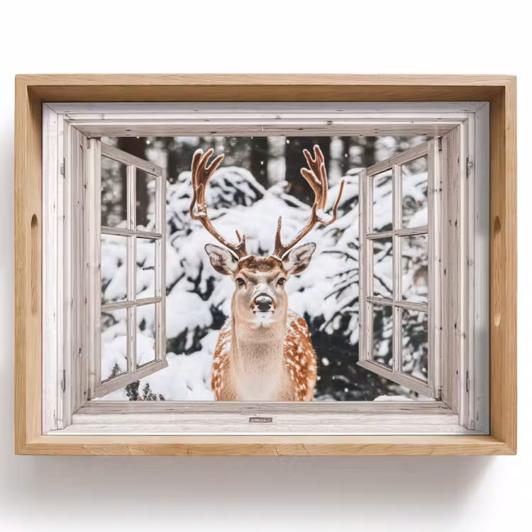 Dienblad - Doorkijk - Hert - Sneeuw - Winter - Bos - Dieren - Natuur — 1