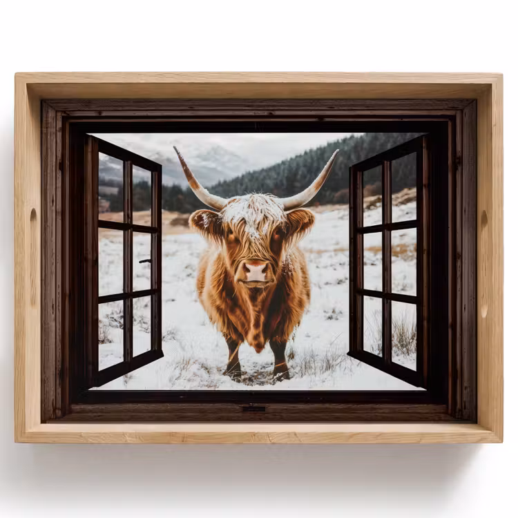 Dienblad - Schotse Hooglander - Landschap - Landelijk - Bergen - Winter - Doorkijk - Donker — 1