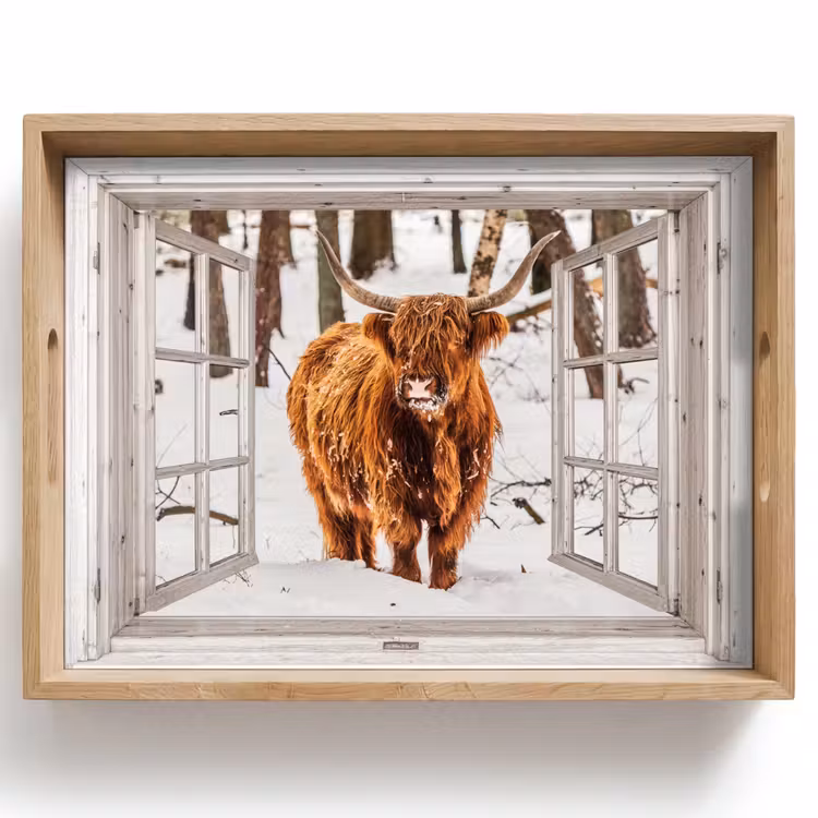 Dienblad - Schotse Hooglander - Sneeuw - Winter - Natuur - Dier - Doorkijk - Landelijk — 1