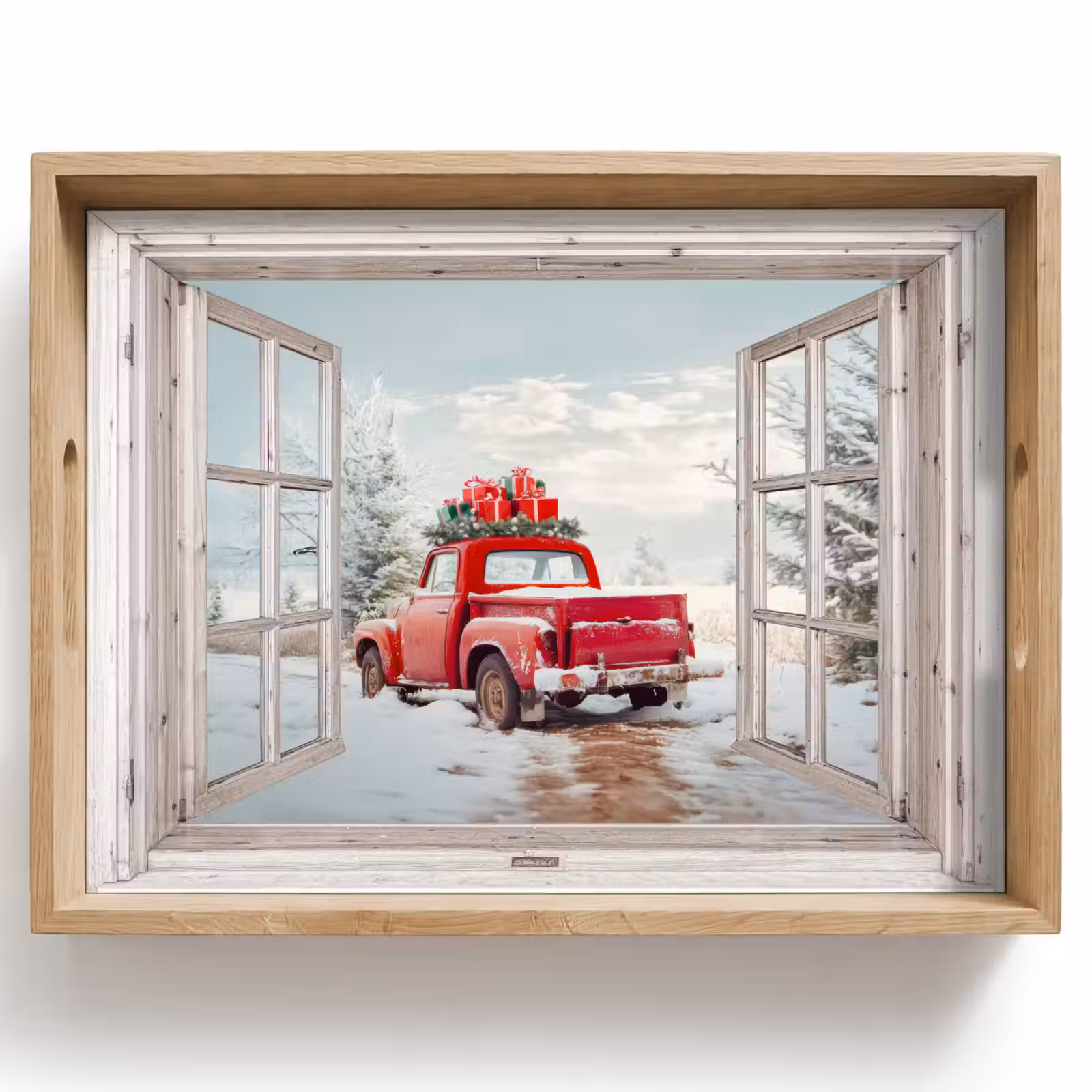 Dienblad - Auto - Rood - Cadeaus - Winter - Kerst - Doorkijk - Wit — 1