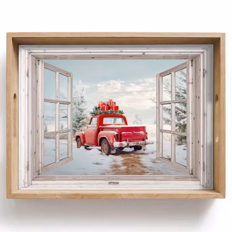 Dienblad - Auto - Rood - Cadeaus - Winter - Kerst - Doorkijk - Wit — 1