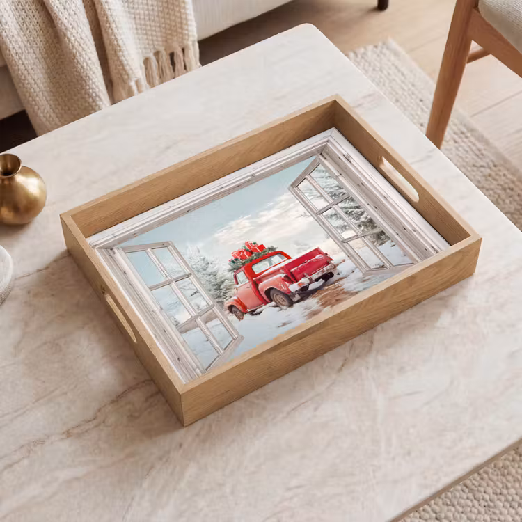 Dienblad - Auto - Rood - Cadeaus - Winter - Kerst - Doorkijk - Wit — 2