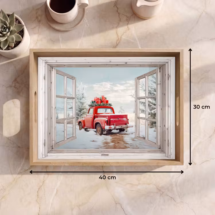 Dienblad - Auto - Rood - Cadeaus - Winter - Kerst - Doorkijk - Wit — 9