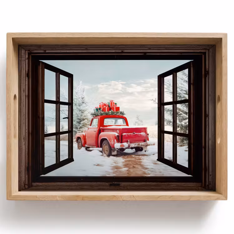 Dienblad - Doorkijk - Auto - Rood - Cadeaus - Winterlandschap - Kerst — 1
