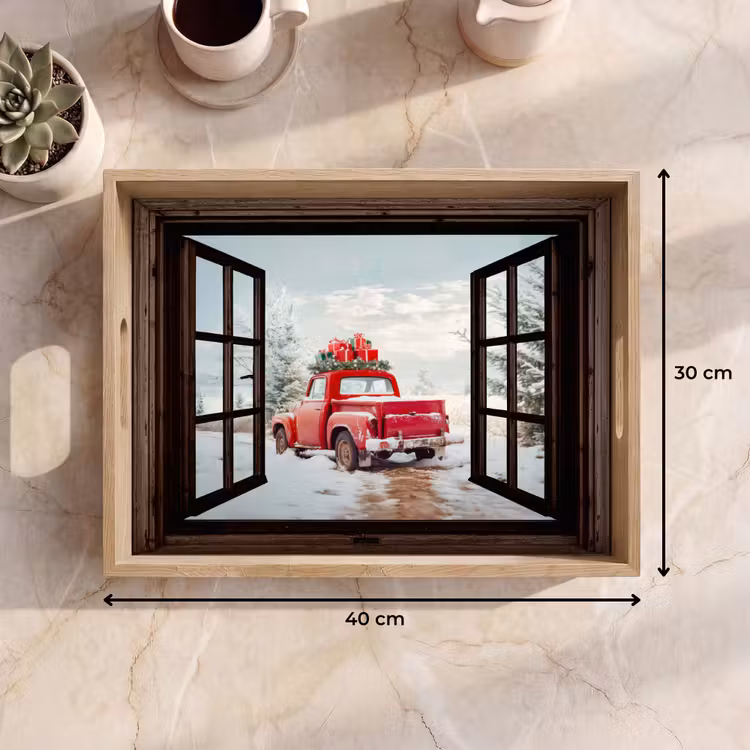 Dienblad - Doorkijk - Auto - Rood - Cadeaus - Winterlandschap - Kerst — 9