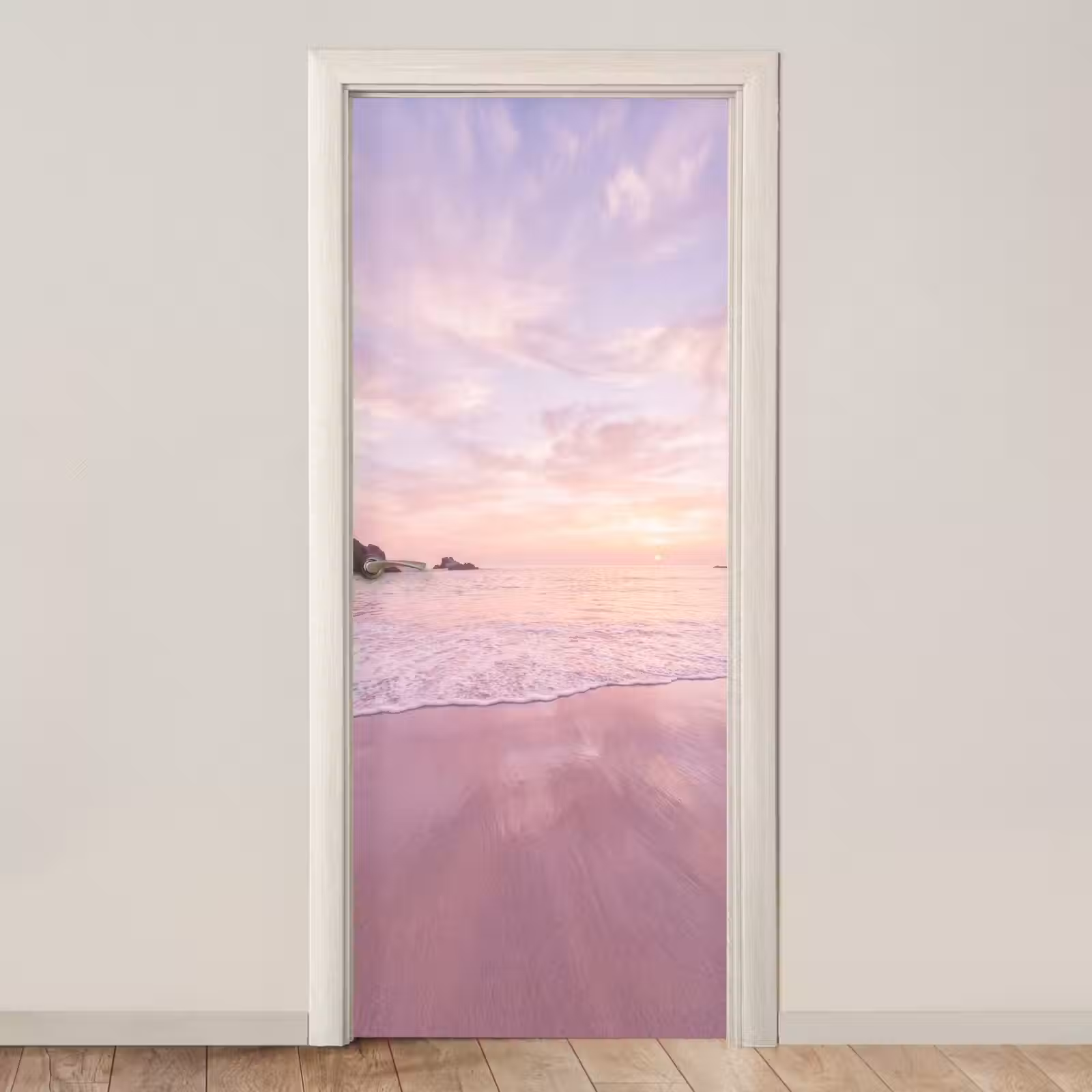 Deursticker - Strand - Zonsondergang - Roze — 1