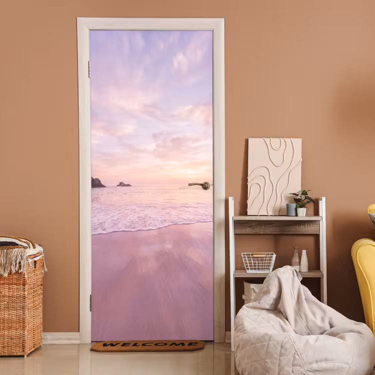 Deursticker - Strand - Zonsondergang - Roze — 2