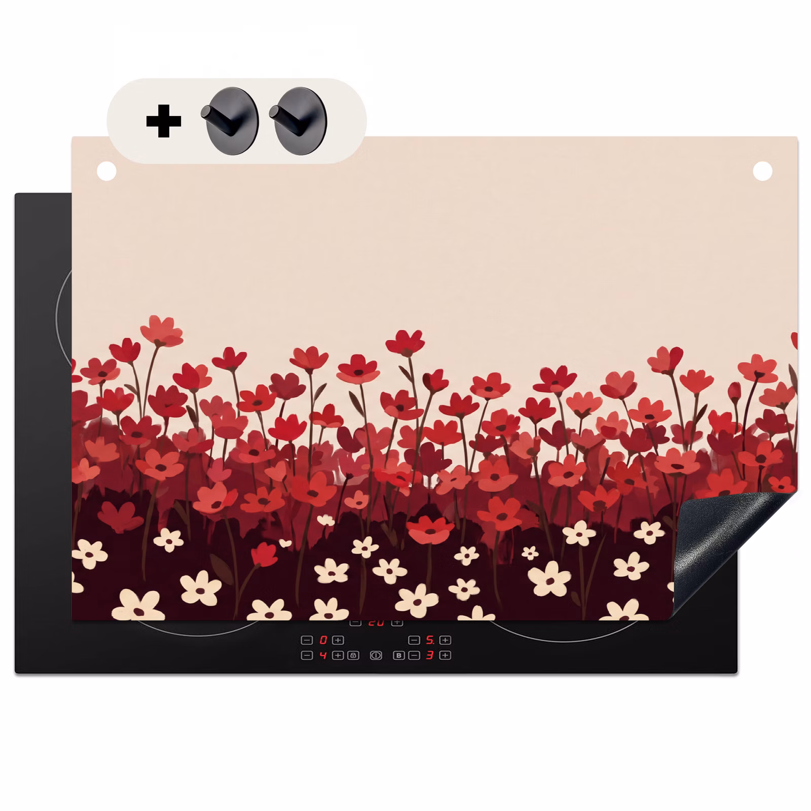 Inductiebeschermer & spatscherm (2in1) - Bloemen - Rood - Natuur — 1