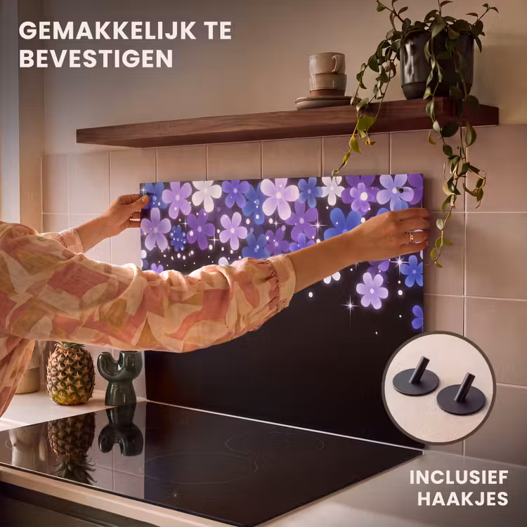 Inductiebeschermer & spatscherm (2in1) - Bloemen - Paars - Modern — 7