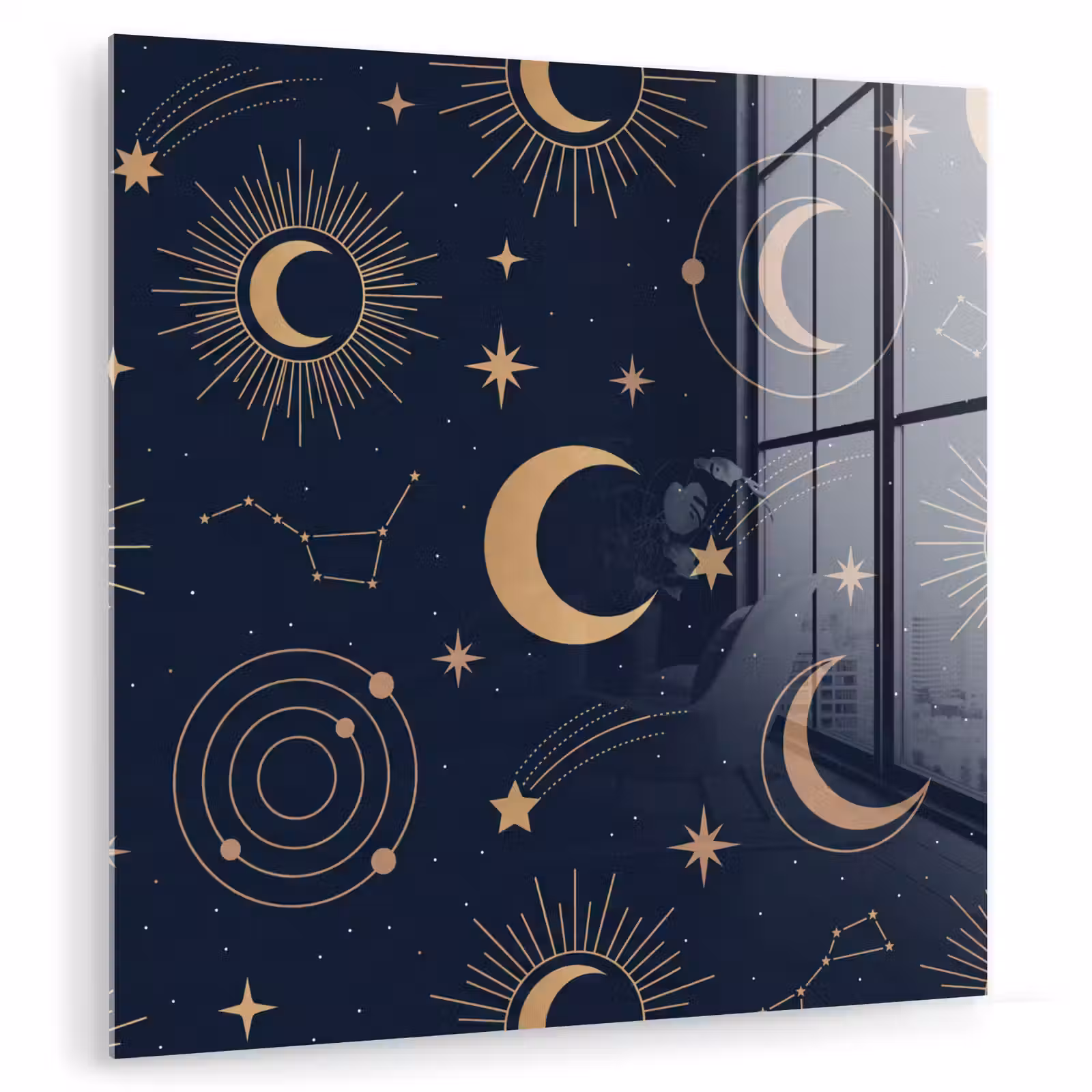 Glas schilderij - Maan - Sterren - Goud — 1