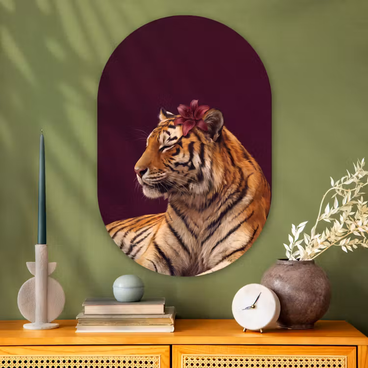 Muurovaal glas - Tijger - Bloem - Dieren — 2