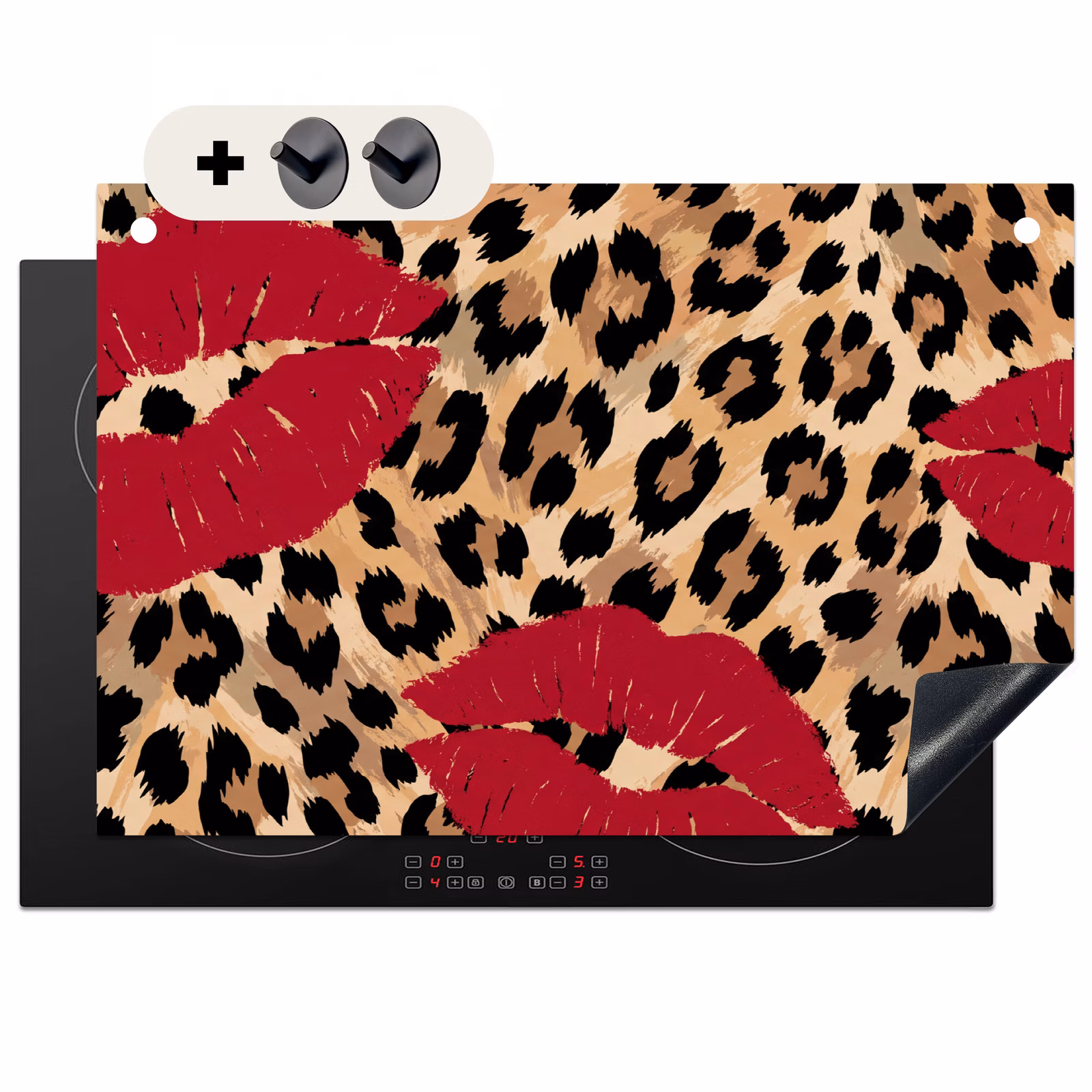 Inductiebeschermer & spatscherm (2in1) - Kusafdruk - Dierenprint - Rood — 1