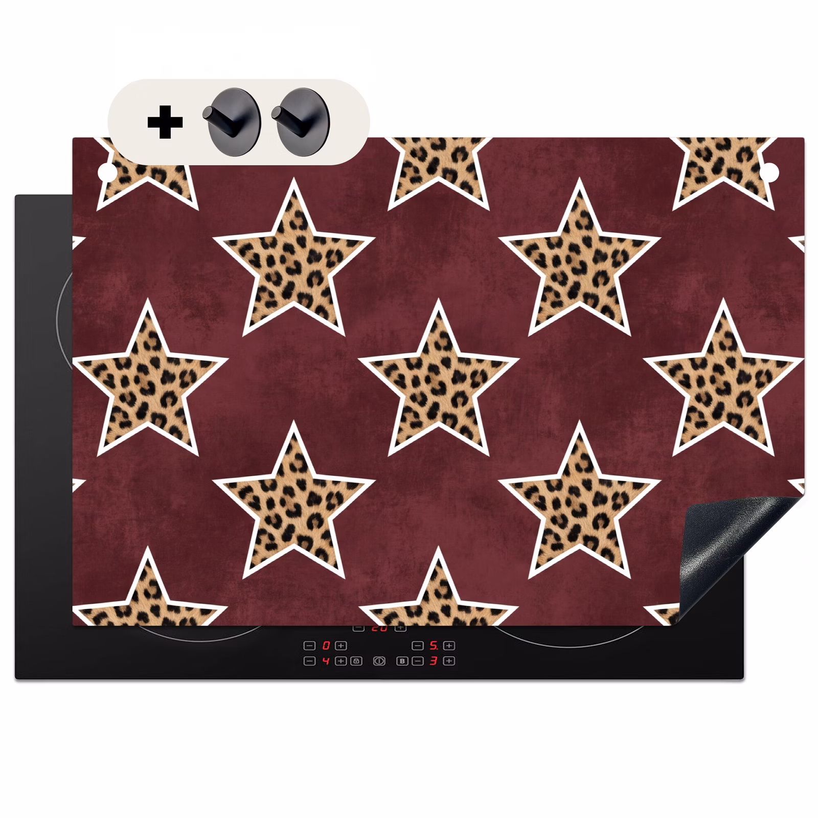 Inductiebeschermer & spatscherm (2in1) - Sterren - Luipaardprint - Rood — 1