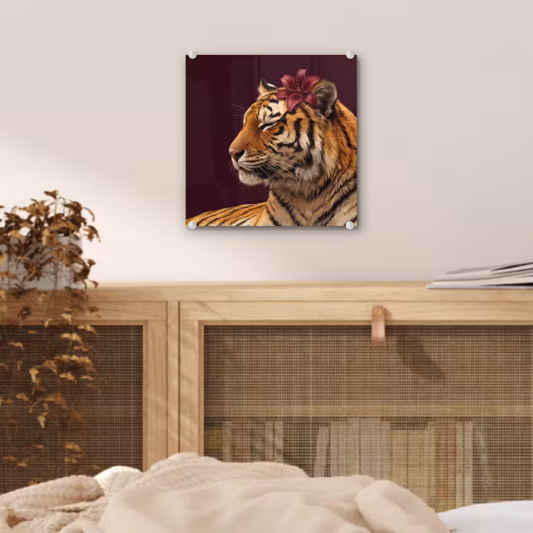 Glas schilderij - Tijger - Bloem - Dieren — 5