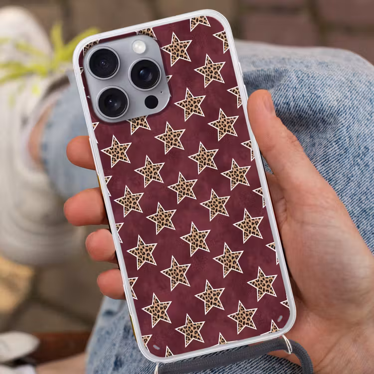 Telefoonhoesje met koord - Sterren - Luipaardprint - Rood — 2