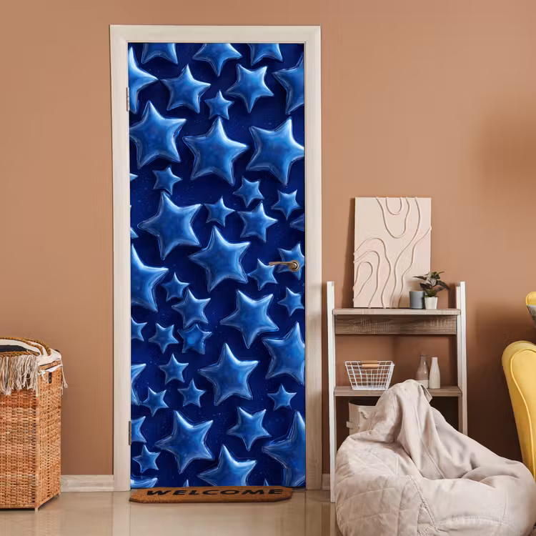 Deursticker - Blauwe sterren patroon — 2