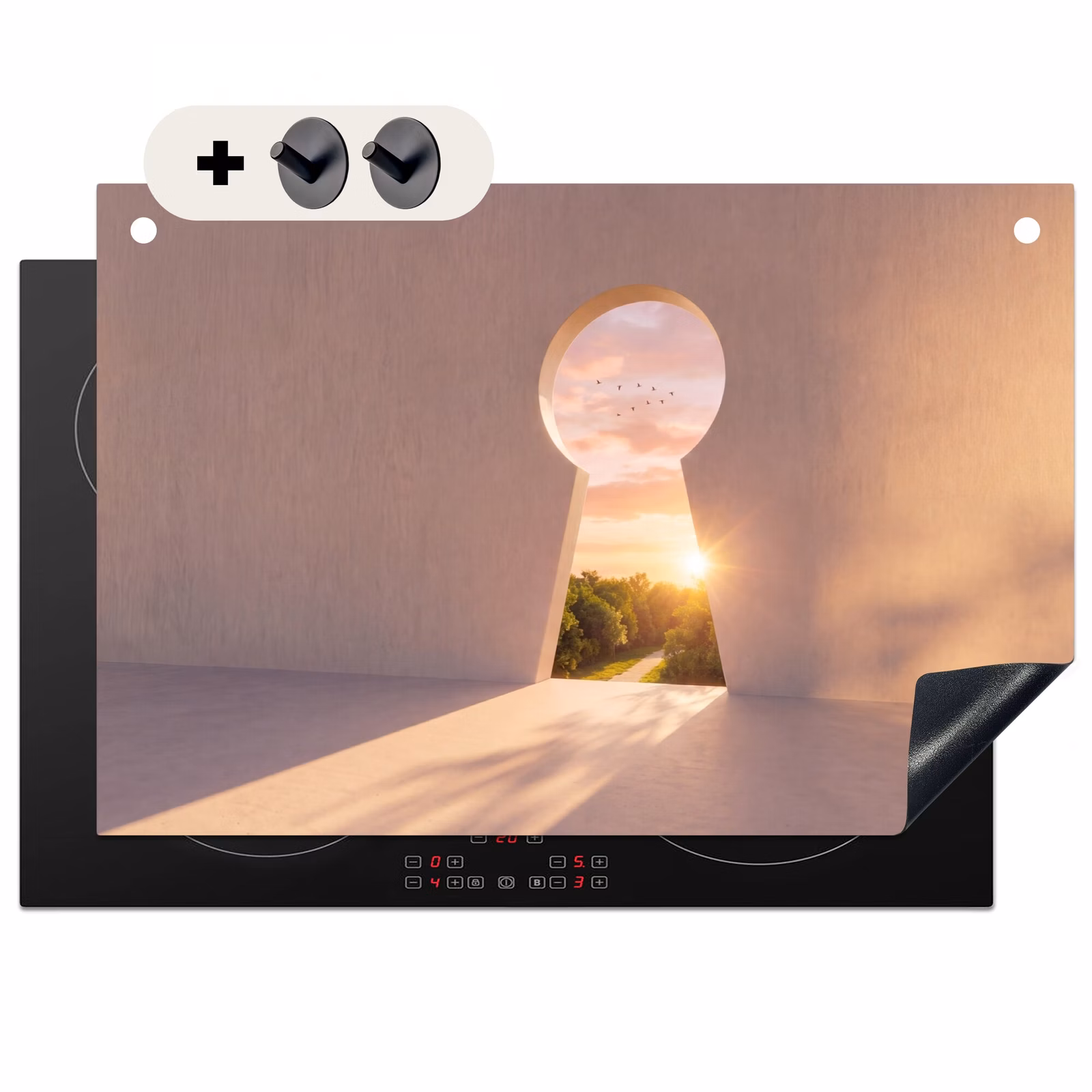 Inductiebeschermer & spatscherm (2in1) - Sleutelgat - Natuur - Zon — 1