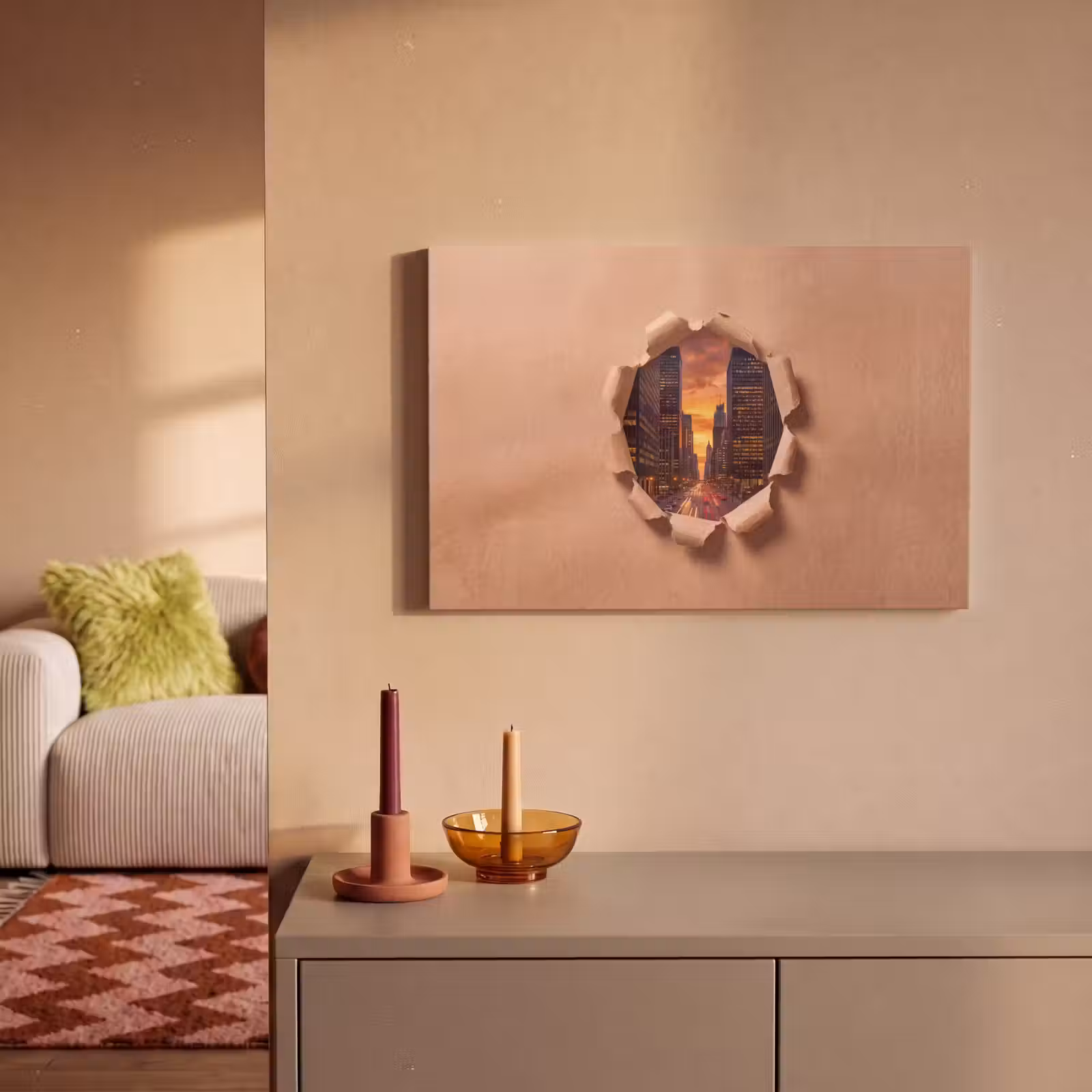 Canvas schilderij - Stad - Zonsondergang - Papier — 1