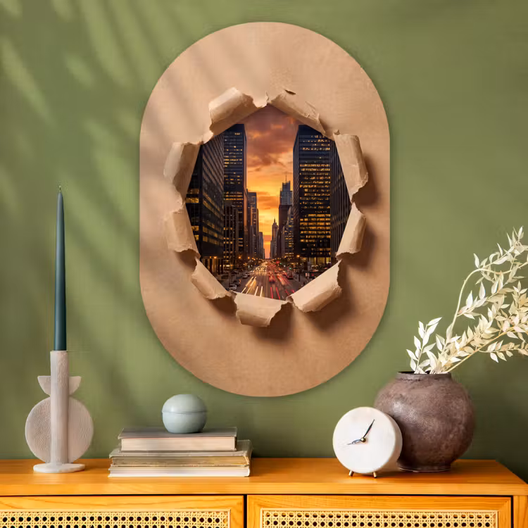 Muurovaal glas - Stad - Zonsondergang - Papier — 2