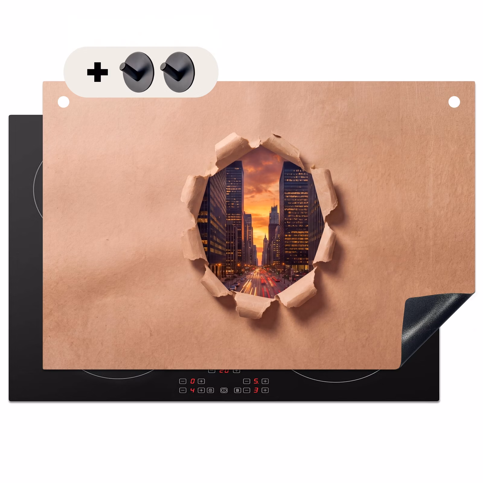 Inductiebeschermer & spatscherm (2in1) - Stad - Zonsondergang - Papier — 1