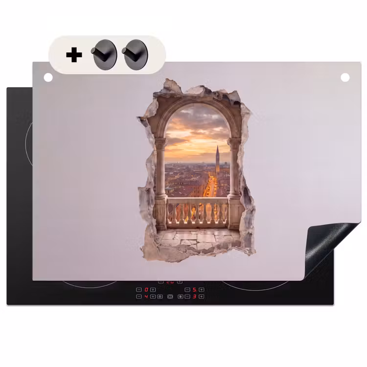 Inductiebeschermer & spatscherm (2in1) - Stad - Zonsondergang - Architectuur — 1