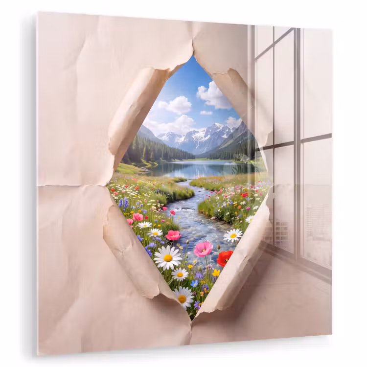 Glas schilderij - Bloemen - Rivier - Landschap — 1