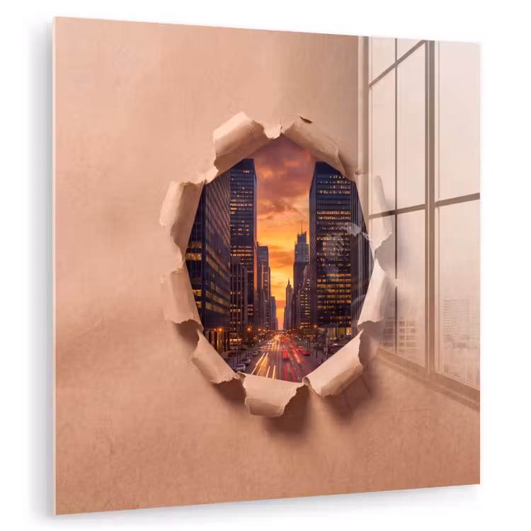 Glas schilderij - Stad - Zonsondergang - Papier — 1