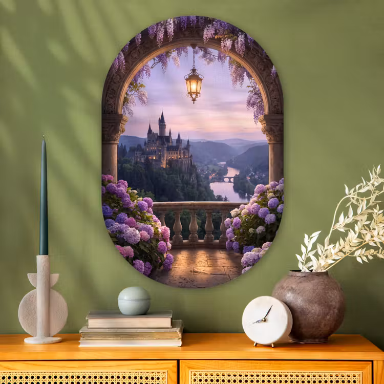 Muurovaal glas - Kasteel - Rivier - Avond — 2