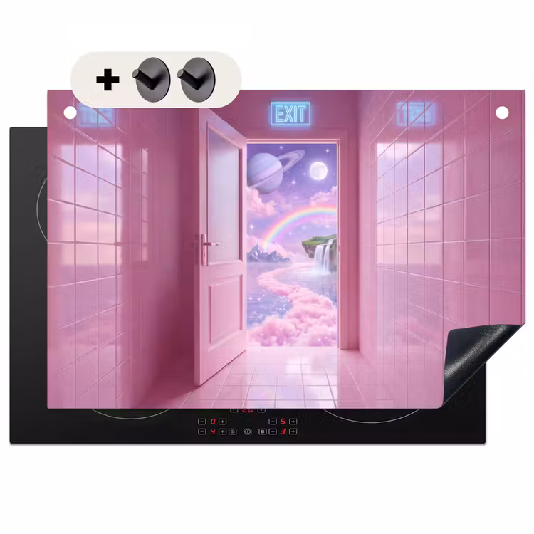 Inductiebeschermer & spatscherm (2in1) - Roze deur - Fantasie — 1