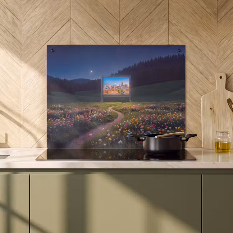 Inductiebeschermer & spatscherm (2in1) - Scherm - Stad - Natuur — 2