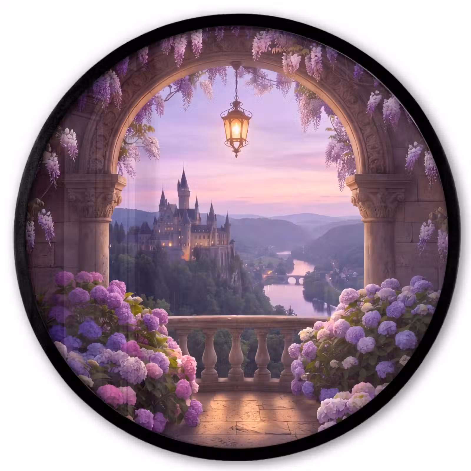 Ronde fotolijst - Kasteel - Rivier - Avond — 1