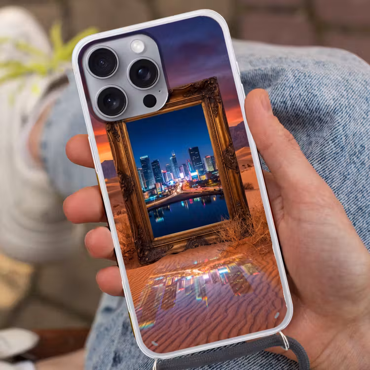 Telefoonhoesje met koord - Kader - Stadsgezicht - Woestijn — 2