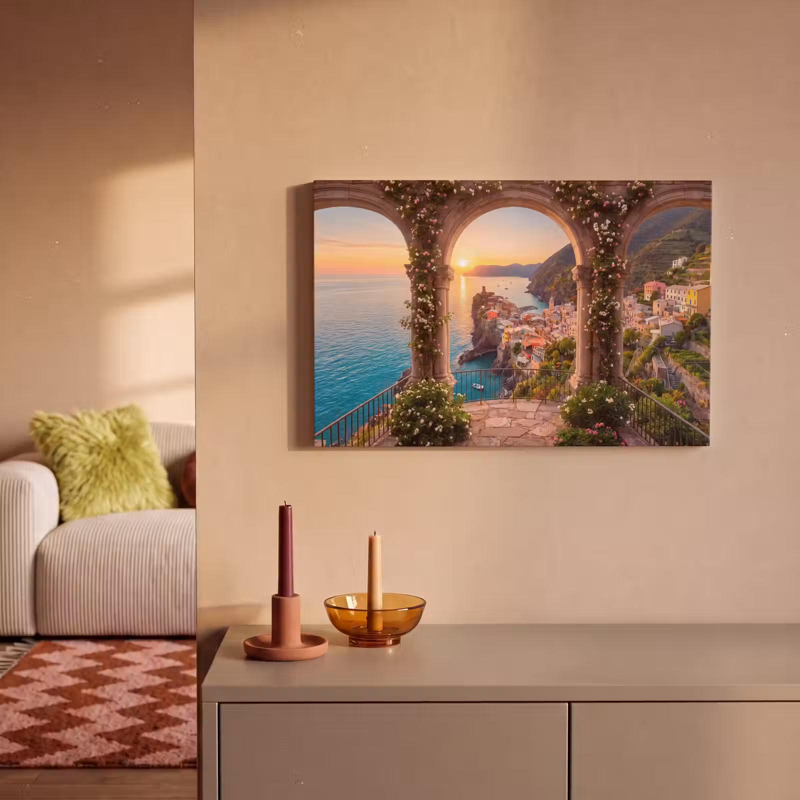 Canvas schilderij - Dorp - Zee - Zonsondergang — 1
