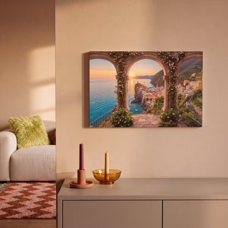 Canvas schilderij - Dorp - Zee - Zonsondergang — 1