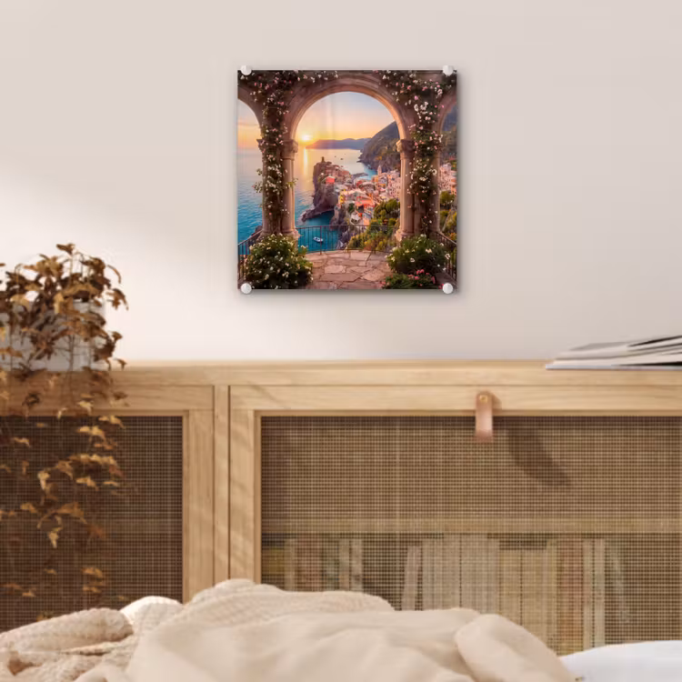Glas schilderij - Dorp - Zee - Zonsondergang — 5
