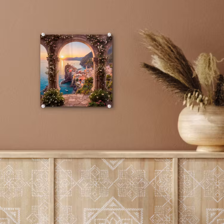 Glas schilderij - Dorp - Zee - Zonsondergang — 6