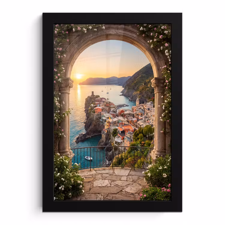 Poster met lijst - Dorp - Zee - Zonsondergang — 1